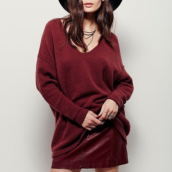 Free People Sweaters - Free People • Red Oversized V-Neck Sweater